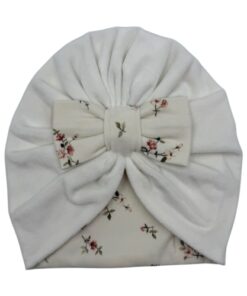 Zamatový turban s mašľou a kvetinovým vzorom, ecru