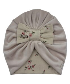 Zamatový turban s mašľou a kvetinovým vzorom, béžový
